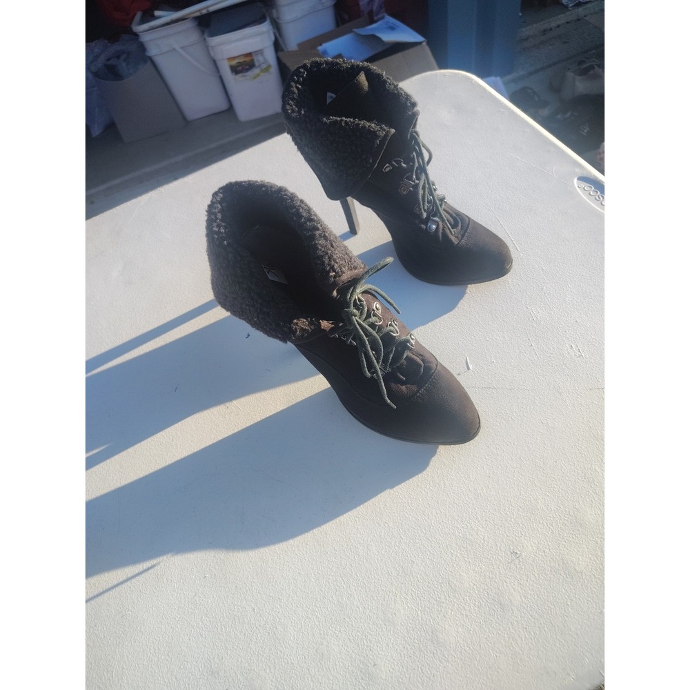 Kardashian Kollection Black Faux Suede Shearling Trim‎ Lace Up Stiletto Booties